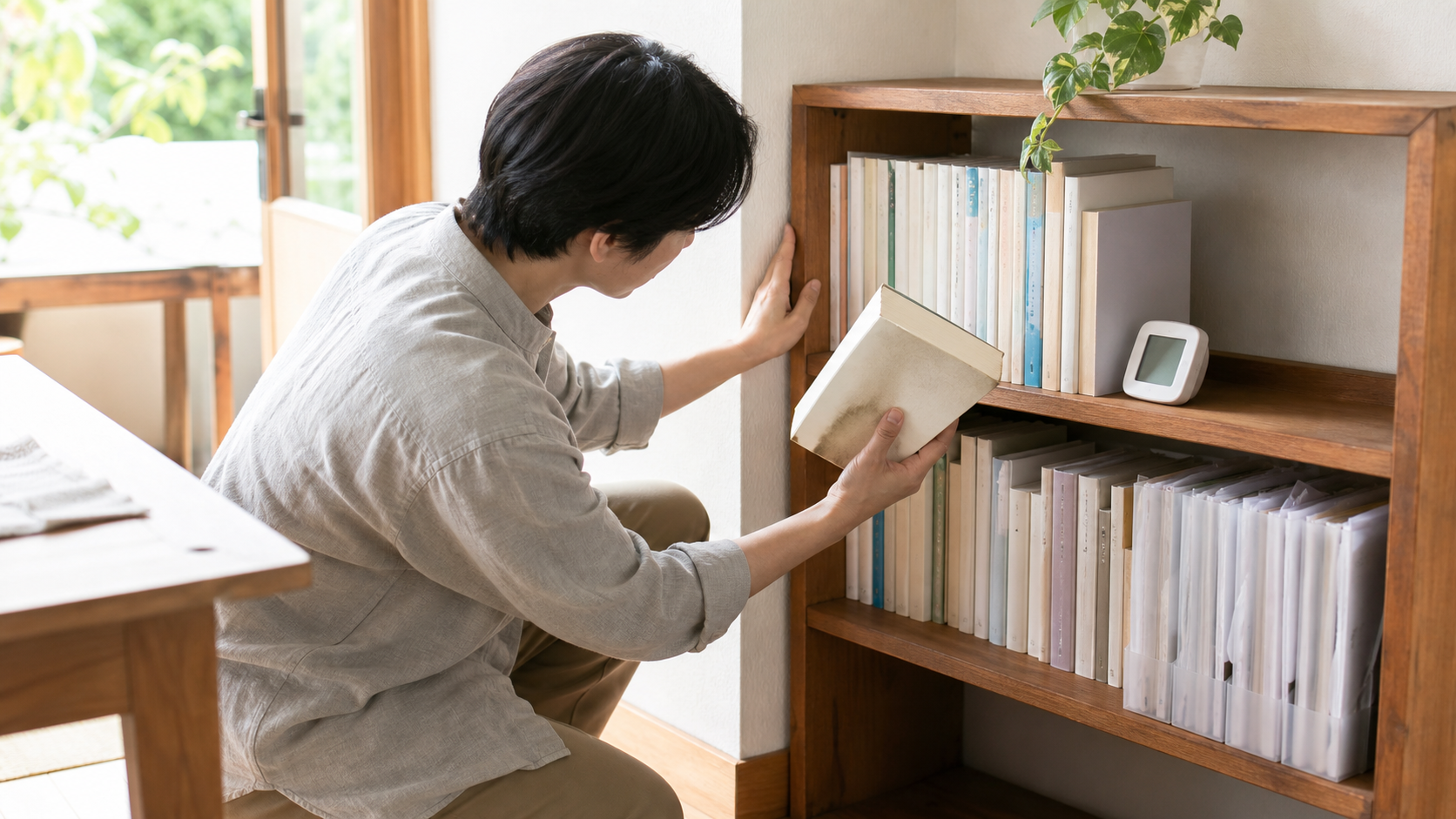 本棚の背面と本や書類の状態を確認する家庭のイメージ