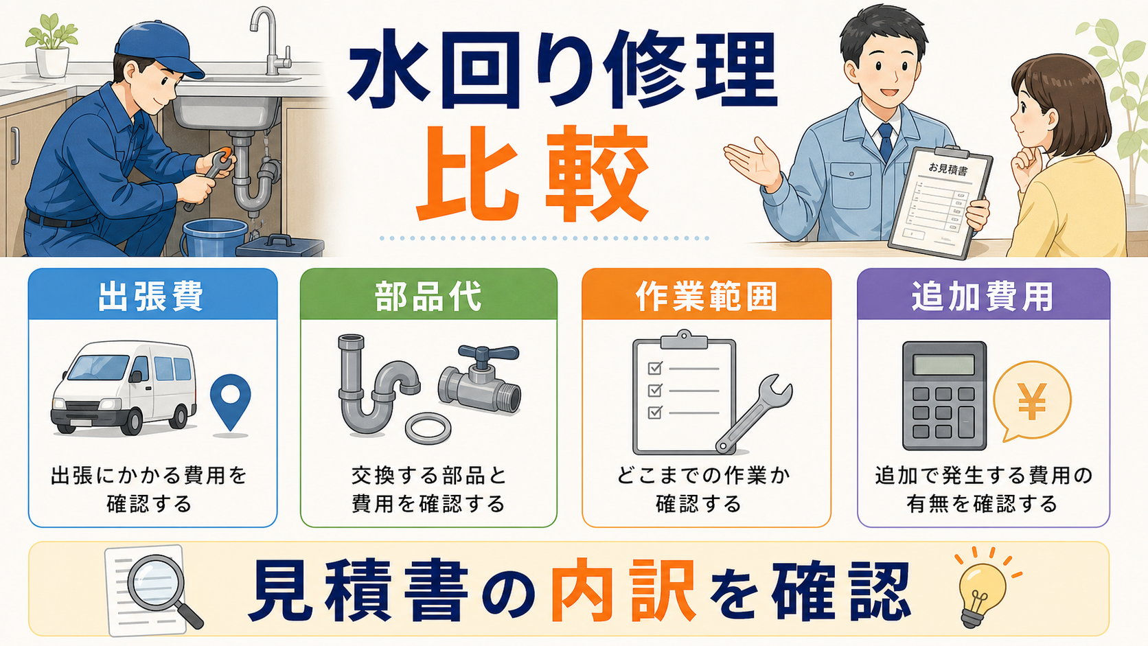 水回り修理の見積もり項目を確認するイメージ