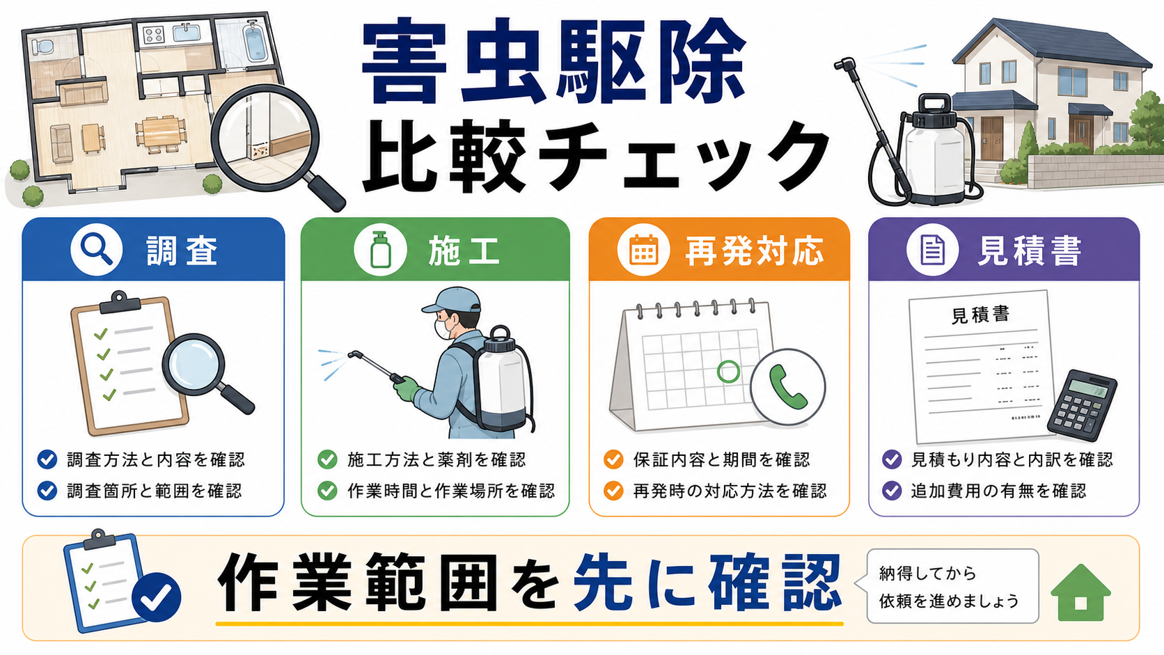 害虫駆除サービスで調査、施工、再発対応、見積書を比較する図解