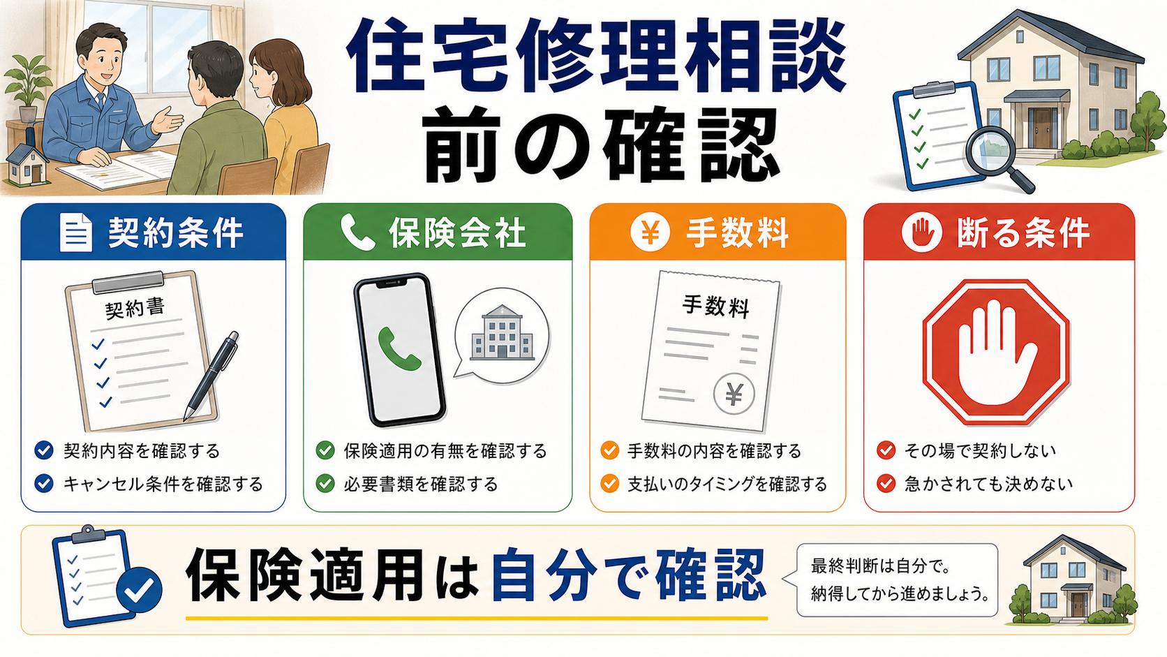 住宅修理の契約前に条件を確認するイメージ