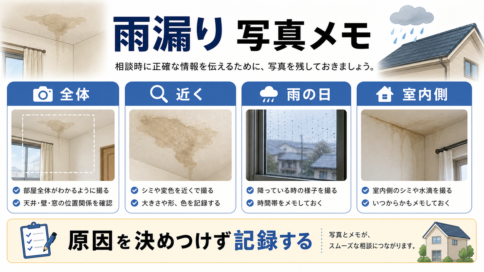 雨漏り相談前に全体、近く、雨の日、室内側の写真を残す図解