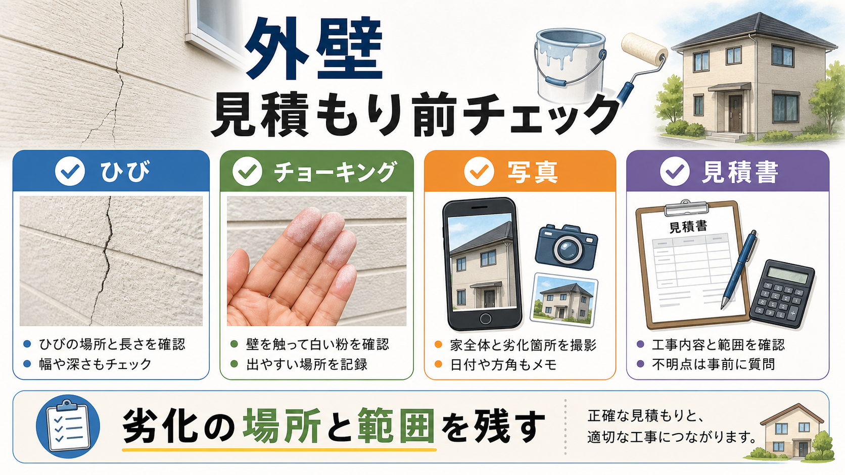 外壁見積もり前にひび、チョーキング、写真、見積書を確認する図解