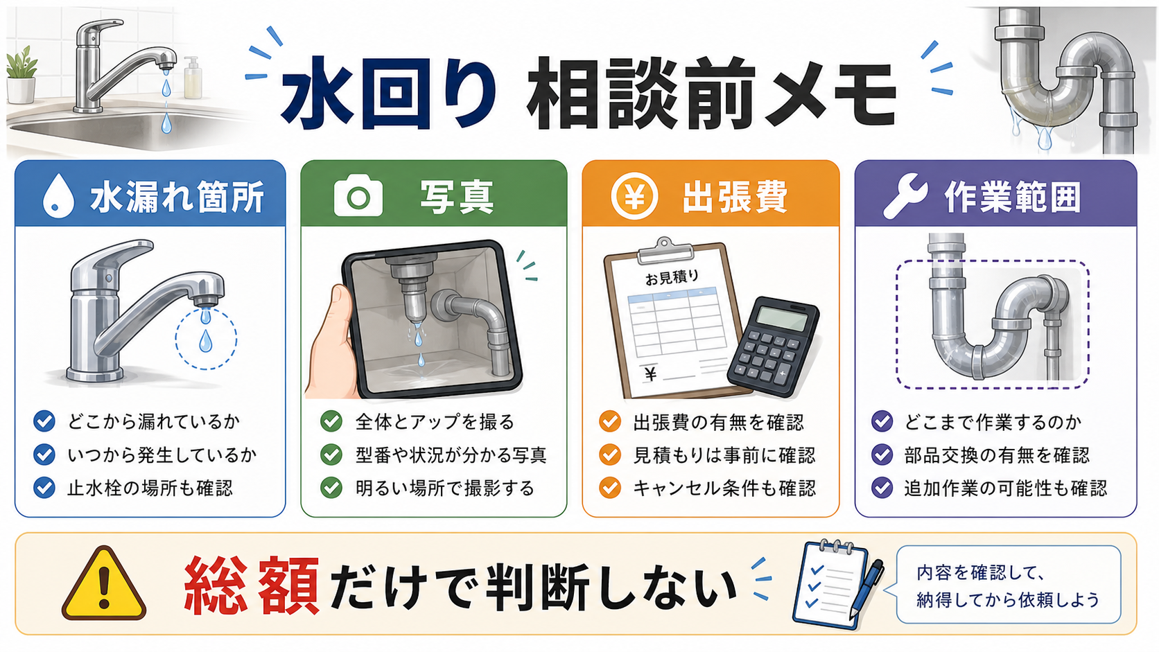 水回り相談前に水漏れ箇所、写真、出張費、作業範囲を確認する図解